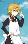  1girl :&lt; anime_coloring apron asymmetrical_hair blonde_hair blue_sky braid closed_mouth hair_twirling hand_on_hip kirisame_marisa kuroda_(nanchara_flight) side_braid sky solo touhou waist_apron yellow_eyes 