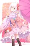  1girl black_legwear dress eyebrows eyebrows_visible_through_hair frilled_dress frills highres holding holding_umbrella long_hair oriental_umbrella original pink_dress sash silver_hair solo thigh-highs transistor umbrella yellow_eyes zettai_ryouiki 