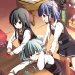  3girls :3 :d :o ;t alternate_eye_color arms_on_table asashio_(kantai_collection) backpack bag belt black_hair black_legwear black_ribbon blue_eyes blue_hair blush book buttons chair desk dress eyebrows eyebrows_visible_through_hair green_ribbon grey_eyes grey_hair hair_ribbon hands_on_another&#039;s_shoulders highres kantai_collection kasumi_(kantai_collection) kneehighs lifebuoy long_hair long_sleeves looking_at_another multiple_girls naiibu neck_ribbon ooshio_(kantai_collection) open_mouth origami pinafore_dress randoseru red_ribbon remodel_(kantai_collection) rensouhou-chan ribbon school_uniform serafuku side_ponytail sitting sleeveless sleeveless_dress smile standing suspenders table twintails 