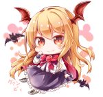  1girl :&gt; bat blonde_hair bow brooch cape chibi fang gasuto_(kamikami) granblue_fantasy head_wings jewelry long_hair looking_at_viewer red_eyes shingeki_no_bahamut skirt smile solo vampy 