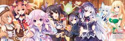  6+girls absurdres alyn_(fairy_fencer_f) animal_ears bare_shoulders black_hair blanc blonde_hair bow bowtie choker choujigen_game_neptune cocktail_glass copyright_name crossover cup dress drinking_glass effole_(fairy_fencer_f) fairy_fencer_f food frills gloves gothic_lolita hair_bow hair_ornament hairband highres jewelry light_brown_hair lolita_fashion lolita_hairband long_hair long_sleeves looking_at_viewer looking_back multiple_girls neptune_(choujigen_game_neptune) neptune_(series) noire official_art open_mouth puffy_short_sleeves puffy_sleeves purple_hair red_eyes redhead ribbon short_hair short_sleeves smile tiara_(fairy_fencer_f) tsunako twintails vert violet_eyes white_hair wrist_cuffs 