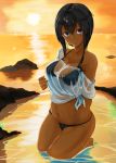  1girl bikini black_hair blue_eyes highres kneeling original see-through shirt short_hair sunset swimsuit tan tied_shirt water wet wet_clothes wet_shirt wet_t-shirt yuzu_lemon 