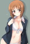 1girl arm_at_side bikini black_jacket blush breasts brown_eyes buttons cleavage closed_mouth cowboy_shot eyebrows eyebrows_visible_through_hair flying_sweatdrops front-tie_bikini front-tie_top girls_und_panzer grey_background jacket long_sleeves looking_at_viewer mobu navel nishizumi_miho open_clothes open_jacket orange_hair ribbon short_hair simple_background smile solo stomach swimsuit tareme unbuttoned white_bikini white_ribbon 