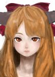  1girl bow commentary_request eyelashes hair_bow highres horns ibuki_suika kanrobi lips long_hair looking_at_viewer orange_hair realistic red_bow red_eyes slit_pupils solo touhou upper_body 