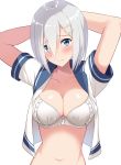 1girl arms_behind_head blush bra breasts cocona_(coconacafe) collarbone hair_ornament hair_over_one_eye hairclip hamakaze_(kantai_collection) highres kantai_collection large_breasts lips looking_at_viewer navel open_clothes open_shirt sailor_collar school_uniform serafuku shirt short_hair short_sleeves silver_hair simple_background underwear upper_body wavy_mouth white_background white_bra 