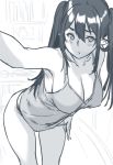  1girl armpits blush breasts cleavage greyscale houtengeki leaning_forward long_hair looking_at_viewer monochrome original panties pointy_ears solo twintails underwear 