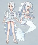  1girl bare_shoulders bracelet breasts brown_eyes cleavage detached_sleeves dewgong dress full_body high_heels horn jewelry long_hair mermaid moe_(hamhamham) monster_girl navel necklace pokemon standing white_dress white_hair wide_sleeves 