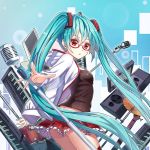  1girl alternate_eye_color aqua_hair breasts chestnut_mouth commentary_request cowboy_shot drum earrings frilled_skirt frills from_side guangfu_bao_tong_meng0-0 hair_ornament hatsune_miku hood hoodie instrument jewelry keyboard_(instrument) long_hair looking_at_viewer microphone microphone_stand miniskirt plaid plaid_skirt red-framed_eyewear red_eyes red_legwear red_skirt skirt small_breasts solo speaker tank_top thigh-highs twintails very_long_hair vocaloid 