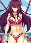  1girl bikini breasts fate/grand_order fate_(series) flower gae_bolg hair_flower hair_ornament highres holding holding_weapon kunai long_hair navel paperfinger polearm purple_hair red_eyes scathach_(fate/grand_order) solo spear swimsuit weapon wet 