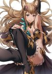  &gt;:q 1girl :q animal_ears armpits asymmetrical_clothes bangs bare_shoulders black_gloves black_legwear blonde_hair blush breasts cape cleavage closed_mouth convenient_leg curly_hair detached_collar elbow_gloves erun_(granblue_fantasy) fingerless_gloves fingernails fox_ears frilled_gloves frilled_legwear frills gem gloves granblue_fantasy hand_on_own_knee headpiece high_heels jpeg_artifacts knee_up lips long_fingernails long_hair looking_at_viewer metella_(granblue_fantasy) midriff mole mole_under_mouth nail_polish revealing_clothes ruby_(stone) sakiyamama sitting smile solo tareme thigh-highs thighs tongue tongue_out very_long_hair violet_eyes waist_cape 