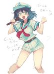  1girl :d anchor_symbol aqua_eyes belt black_hair clenched_hand commentary_request cowboy_shot hat microphone murasa_minamitsu music musical_note neckerchief open_mouth quaver sailor sailor_hat shirt short_sleeves shorts singing sketch smile solo terajin touhou translation_request white_background white_shirt white_shorts 