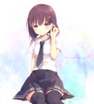  1girl black_eyes black_legwear blush bob_cut brown_hair collared_shirt hair_ornament hair_tucking hairpin looking_at_viewer musical_note_hair_ornament necktie original over-kneehighs sakuramochi_n school_uniform shirt short_hair short_sleeves sitting skirt smile solo thigh-highs tie_clip twitter_username white_shirt 