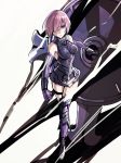  1girl absurdres armor armored_boots armored_dress blue_eyes boots breasts fate/grand_order fate_(series) gauntlets hair_over_one_eye highres looking_at_viewer purple_hair shield shielder_(fate/grand_order) shimo_(s_kaminaka) short_hair solo 