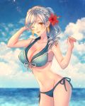  1girl :d beach bikini blue_sky breasts cleavage clouds collarbone earrings flower groin hair_flower hair_ornament jewelry midriff moe_(hamhamham) navel one_eye_closed open_mouth personification pokemon ponytail silver_hair sky smile solo standing swimsuit water 