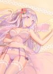  1girl armpit_peek bangs bare_arms bare_shoulders blush_scarlet braid breasts bustier cowboy_shot crown_braid emilia_(re:zero) eyebrows eyebrows_visible_through_hair flower from_above garter_belt hair_flower hair_ornament hand_on_own_stomach lace lace-trimmed_garter_belt lace-trimmed_thighhighs lingerie long_hair looking_at_viewer lying medium_breasts on_back panties parted_lips purple_hair purple_panties re:zero_kara_hajimeru_isekai_seikatsu shiny shiny_hair side-tie_panties solo stomach swept_bangs thigh-highs underwear underwear_only violet_eyes 