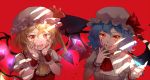  2girls ascot bat_wings blonde_hair blood blood_on_face bloody_hands blue_hair crystal ekira_nieto fangs flandre_scarlet glowing glowing_eyes grin hands_on_own_face hat hat_ribbon highres looking_at_viewer mob_cap multiple_girls nail_polish open_mouth puffy_sleeves red_background red_eyes remilia_scarlet ribbon short_hair short_sleeves siblings side_ponytail simple_background sisters smile touhou upper_body wings wrist_cuffs 