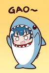  &gt;:d 1girl :d animal_costume artist_name artist_request blue_hair blush_stickers chibi costume gao love_live! love_live!_sunshine!! o_o open_mouth shark shark_costume sharp_teeth simple_background smile solid_circle_eyes solo source_request teeth tsushima_yoshiko 