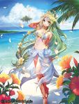  1girl armlet athena_(luck_&amp;_logic) bare_shoulders beach blue_sky braid clouds copyright_name floating_island full_body green_eyes green_hair head_wreath jewelry looking_at_viewer luck_&amp;_logic midriff navel neck_ring ocean official_art outdoors petals see-through sky solo standing umiu_geso 
