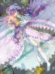 1girl barefoot book book_stack corset crescent dress dutch_angle full_body hair_ribbon hat long_hair long_sleeves looking_to_the_side lying mob_cap open_book patchouli_knowledge purple_hair r18ankou ribbon solo touhou tress_ribbon violet_eyes wide_sleeves 