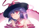  1girl ainy77 black_hat blush bow capelet electricity embarrassed energy flying_sweatdrops frills hand_to_own_mouth hat hat_bow hat_ribbon looking_at_viewer nagae_iku one_eye_closed pouty_lips purple_hair red_bow red_eyes red_ribbon ribbon shawl short_hair touhou white_background 