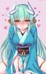  1girl aqua_hair blush breasts fate/grand_order fate_(series) full-face_blush heart highres horns japanese_clothes kimono kiyohime_(fate/grand_order) large_breasts long_hair long_sleeves looking_at_viewer medium_breasts shisei_(kyuushoku_banchou) simple_background smile solo thigh-highs twitter_username white_legwear yellow_eyes 