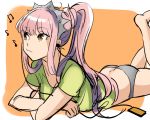  1girl ass breasts brown_eyes earphones earphones fate/grand_order fate_(series) grey_panties long_hair lying medb_(fate/grand_order) musical_note on_stomach panties pink_hair ponytail shimo_(s_kaminaka) solo underwear 