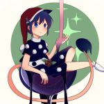  1girl animal_ears blue_eyes blue_hair blush buna_shimeji_(keymush) crop_top crop_top_overhang cup doremy_sweet dress extra_ears food fruit in_container in_cup layered_dress long_hair minigirl raspberry short_hair sitting smile socks solo sparkle_background spilling syrup tail tapir_ears tapir_tail touhou 