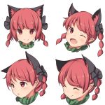  1girl :o ;d ^_^ animal_ears black_bow blush bow braid cat_ears closed_eyes commentary_request expressions extra_ears fang hair_bow kaenbyou_rin looking_at_viewer oimo_(imoyoukan) one_eye_closed open_mouth pointy_ears red_eyes redhead smile touhou twin_braids white_background 