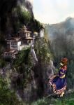  1girl architecture asian braid brown_hair building canyon cliff east_asian_architecture highres kanrobi long_hair original sandals scenery solo stairs stone_stairs tree water waterfall 