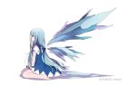  1girl 2016 alternate_hair_length alternate_hairstyle artist_name bare_arms bare_legs barefoot between_legs blue_bow blue_dress blue_eyes blue_hair bow cirno crystal dated detached_wings dress full_body hair_bow hand_between_legs ice ice_wings long_hair looking_afar low-tied_long_hair namauni puffy_short_sleeves puffy_sleeves shirt short_hair short_sleeves simple_background sitting sleeveless sleeveless_dress solo touhou very_long_hair wariza white_background white_shirt wings 
