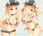  2girls ;d adapted_costume alternate_costume arm_up bare_arms bare_shoulders bikini bismarck_(kantai_collection) blonde_hair blue_eyes breasts cleavage commentary_request green_eyes hat hitsuji_takako holding_hands kantai_collection large_breasts long_hair looking_at_viewer multiple_girls open_mouth peaked_cap prinz_eugen_(kantai_collection) side-tie_bikini sideboob smile swimsuit twintails twitter_username under_boob wink 