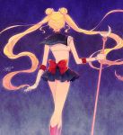 1girl bishoujo_senshi_sailor_moon blonde_hair blouse blue_skirt bow choker crescent dated double_bun earrings elbow_gloves from_behind gloves jewelry large_bow long_hair magical_girl miniskirt moon_stick pleated_skirt red_bow ribbon sailor_collar sailor_moon saki_(hxaxcxk) short_sleeves signature skirt sky solo standing star star_(sky) star_earrings starry_sky tsukino_usagi twintails very_long_hair white_blouse white_gloves 