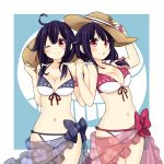  2girls :o ;) ahoge alternate_eye_color arm_scrunchie arm_up bare_shoulders bikini blue_ribbon blush breasts collarbone dual_persona flower hair_flaps hand_on_headwear hat hat_flower hat_removed headwear_removed holding holding_hands holding_hat interlocked_fingers kantai_collection large_breasts long_hair looking_at_viewer low_twintails multiple_girls naiibu navel one_eye_closed purple_hair red_ribbon ribbon ryuuhou_(kantai_collection) sarong smile sun_hat swimsuit taigei_(kantai_collection) thighs twintails violet_eyes 