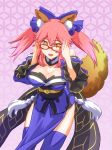  animal_ears bell bell_collar bespectacled blue_legwear bow breasts caster_(fate/extra) cleavage collar commentary_request detached_sleeves fate/extra fate/grand_order fate_(series) fox_ears fox_tail garutaisa glasses hair_bow hair_ribbon japanese_clothes large_breasts pink_hair red_glasses ribbon tail twintails yellow_eyes 