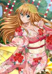  1girl ahoge aqua_eyes breasts brown_hair cleavage collarbone cowboy_shot eyebrows eyebrows_visible_through_hair fan flower hair_between_eyes hair_flower hair_ornament ikkitousen japanese_clothes kimono large_breasts long_hair sash solo sonsaku_hakufu yellow_flower yukata 