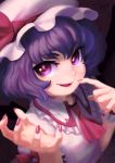  1girl absurdres ascot black_background fang hat hat_ribbon highres looking_at_viewer mob_cap nail_polish open_mouth purple_hair reiesu_(reis) remilia_scarlet ribbon short_hair simple_background smile solo touhou upper_body 