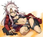  1girl :p breasts chloe_von_einzbern fate/kaleid_liner_prisma_illya fate_(series) long_hair looking_at_viewer midriff pink_hair shimo_(s_kaminaka) small_breasts smile solo tongue tongue_out yellow_eyes 