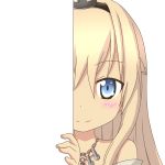  1girl blonde_hair blue_eyes braid closed_mouth eyebrows eyebrows_visible_through_hair french_braid kantai_collection long_hair looking_at_viewer nagineko peeking_out solo transparent_background warspite_(kantai_collection) 