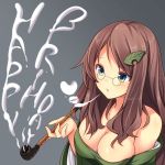  1girl :o alternate_hair_length alternate_hairstyle aqua_eyes bare_shoulders blush breasts brown_hair cleavage commentary_request dress english futatsuiwa_mamizou futatsuiwa_mamizou_(human) glasses gradient gradient_background green_dress hair_ornament happy_birthday heart kiseru large_breasts leaf_hair_ornament long_sleeves looking_away off-shoulder_dress off_shoulder oimo_(imoyoukan) pince-nez pipe smoke solo strapless strapless_dress touhou upper_body wide_sleeves 