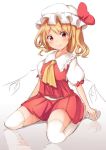  1girl alternate_hairstyle ascot blonde_hair blush bow closed_mouth commentary_request crystal fang flandre_scarlet frilled_shirt_collar frills full_body hat hat_ribbon looking_at_viewer mob_cap oimo_(imoyoukan) over-kneehighs puffy_short_sleeves puffy_sleeves red_bow red_eyes red_ribbon red_skirt red_vest reflective_floor ribbon short_sleeves sitting skirt skirt_set smile solo thigh-highs touhou wariza white_legwear wings 