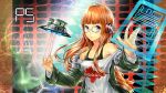  1girl bangs bare_shoulders blunt_bangs glasses headphones highres hourainingyou jacket long_hair looking_at_viewer off_shoulder orange_hair persona persona_5 red_string sakura_futaba smile solo string ufo upper_body violet_eyes 