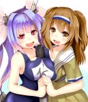  2girls between_breasts blue_hair blush breast_press breasts clothes_writing fang hair_intakes hair_ribbon hairband i-19_(kantai_collection) i-26_(kantai_collection) interlocked_fingers kanna_(horntp) kantai_collection large_breasts light_brown_eyes light_brown_hair long_hair looking_at_viewer multiple_girls name_tag new_school_swimsuit one-piece_swimsuit open_mouth red_eyes ribbon sailor_collar school_swimsuit short_sleeves simple_background smile star star-shaped_pupils swimsuit swimsuit_under_clothes symbol-shaped_pupils symmetrical_docking torpedo tri_tails twitter_username two_side_up white_background 