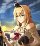  1girl bare_shoulders blonde_hair blue_eyes braid breasts carrying cleavage clouds cloudy_sky collarbone commentary corset crown dress french_braid globus_cruciger hairband highres holding horizon jewelry kantai_collection long_hair looking_at_viewer mini_crown necklace ocean off-shoulder_dress off_shoulder scepter scrson sky smile solo sunrise warspite_(kantai_collection) 
