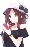  1girl bare_shoulders black_shirt bow bracelet brown_hair collarbone commentary_request grey_eyes hand_mirror hat hat_bow jewelry kimi_no_na_wa lipstick long_hair looking_at_mirror makeup mirror okudera_miki shirt simple_background solo watanohara white_background white_hat 