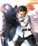  1boy action belt black_hair blue_eyes chie commentary_request fate/grand_order fate_(series) fujimaru_ritsuka_(male) highres male_focus official_style open_mouth shield solo 