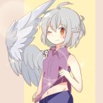  1girl ;( adapted_costume ahoge bare_arms blush buna_shimeji_(keymush) casual collared_shirt denim grey_hair half_updo jeans kishin_sagume navel one_eye_closed pants red_eyes shading_eyes shirt shirt_lift short_hair shoulder_tattoo simple_background single_wing sleeveless solo sparkle sweat tattoo touhou wavy_mouth wince wings 