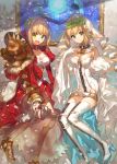  2girls blonde_hair breasts brown_legwear chokoan_(tyokoa4649) cleavage closed_mouth commentary_request fate/extra fate/grand_order fate_(series) green_eyes large_breasts looking_at_viewer multiple_girls off_shoulder open_mouth saber_bride saber_extra white_legwear 