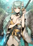  1girl aqua_hair bare_shoulders bikini blush breasts chibirisu fate/grand_order fate_(series) heart holding holding_weapon horns japanese_clothes kimono kiyohime_(fate/grand_order) long_hair looking_at_viewer off_shoulder polearm sash smile solo swimsuit thigh-highs water waterfall weapon yellow_bikini 