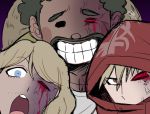  3boys afro bandai_daisaku beard black_hair bleeding blonde_hair blood bloody_tears blue_eyes blush_stickers dangan_ronpa dangan_ronpa_3 dark_skin dark_skinned_male facial_hair hood izayoi_sounosuke kizakura_kouichi kotori_photobomb male_focus mikkii_(tales329) multiple_boys mustache purple_background red_eyes simple_background smile solid_circle_eyes spoilers 