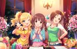  3girls :d ;d alternate_hairstyle artist_request bangs belt blunt_bangs blush bow bracelet breasts brown_eyes brown_hair camera collarbone curly_hair curtains flower girl_sandwich hair_bow idolmaster idolmaster_cinderella_girls idolmaster_cinderella_girls_starlight_stage jewelry kawashima_mizuki long_hair looking_at_viewer multiple_girls necklace night night_sky official_art ogata_chieri one_eye_closed ootsuki_yui open_mouth ponytail sandwiched sky smile tree twintails window 